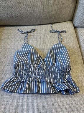 Striped Blue Tie-Shoulder Ruffle Crop Top